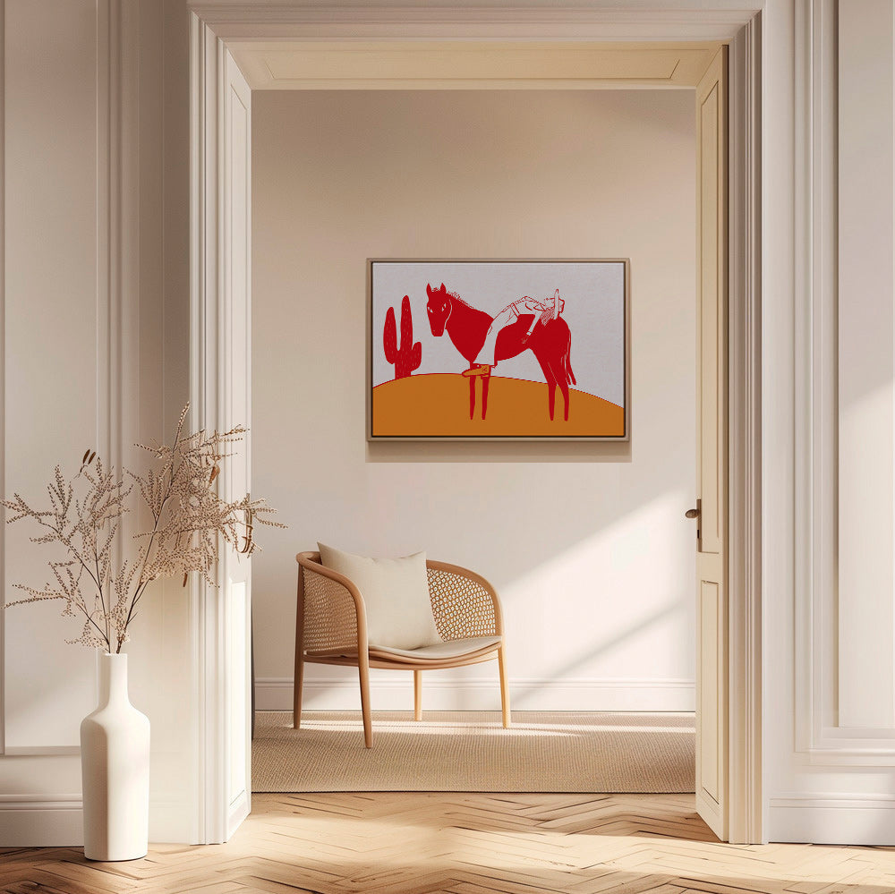 Plakat cowgirl hvilende på rød hest – Canvas2