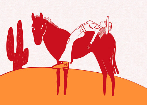 Plakat cowgirl hvilende på rød hest