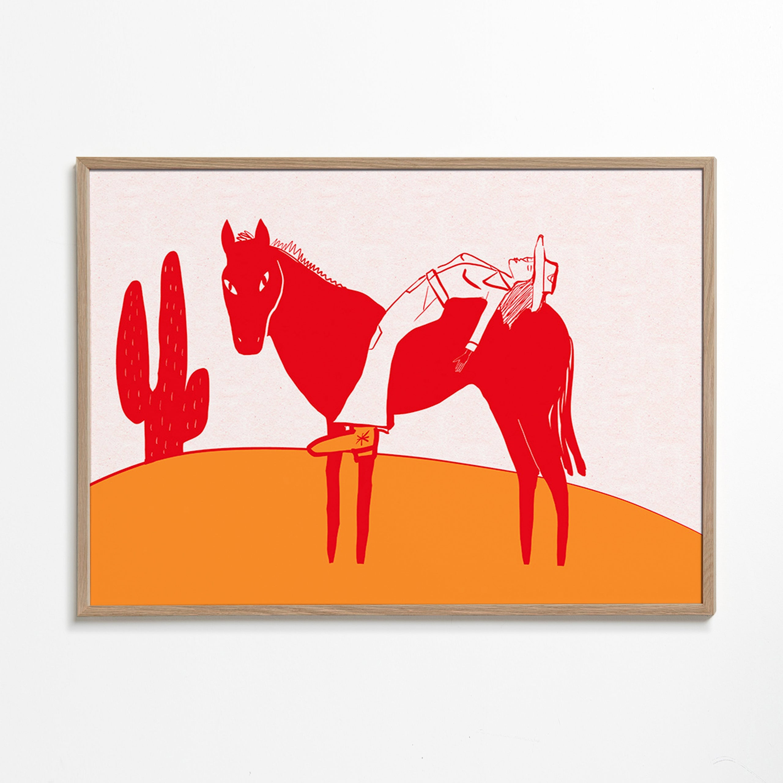 Plakat cowgirl hvilende på rød hest – Oak Frame
