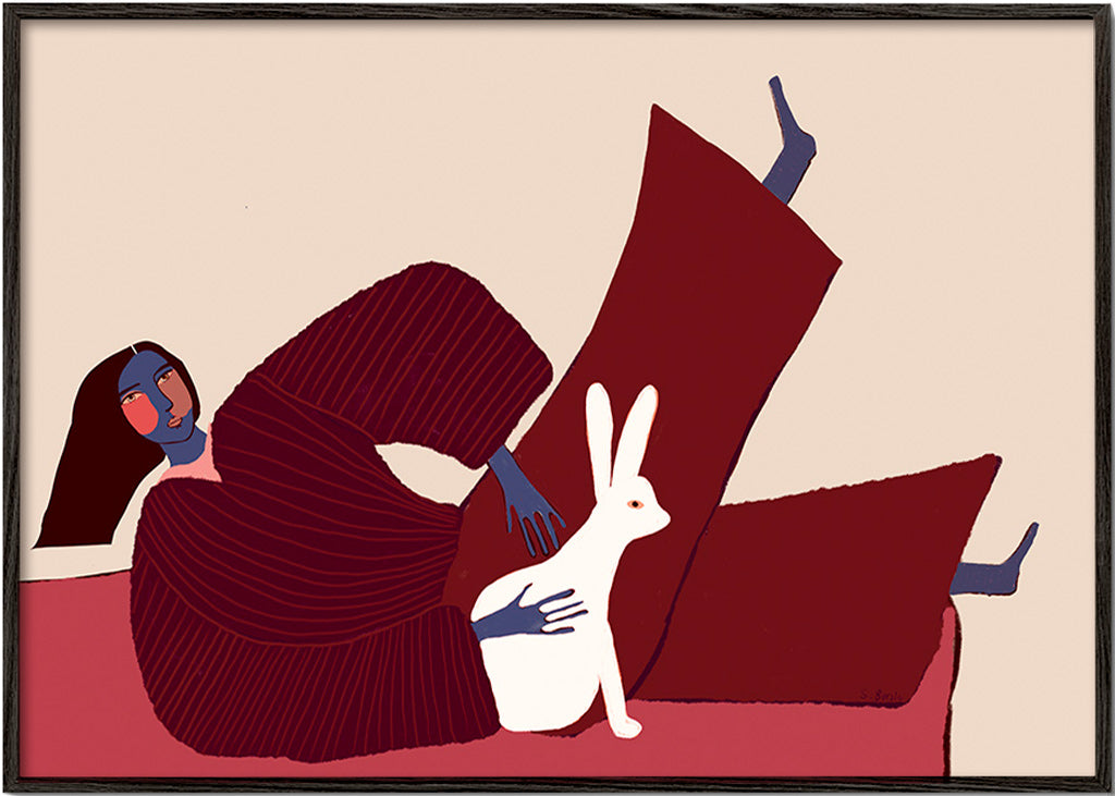 Illustration af liggende figur med kanin – Black Frame