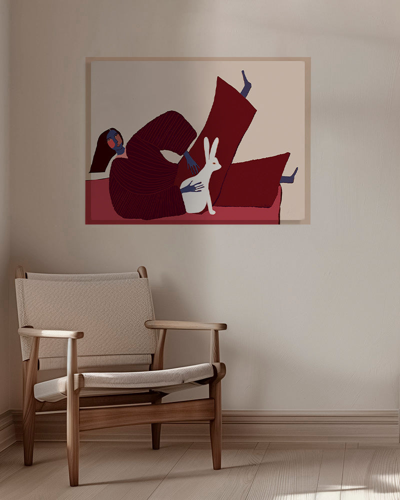 Illustration af liggende figur med kanin – Canvas