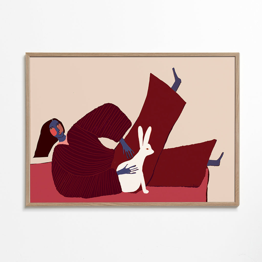 Illustration af liggende figur med kanin – Oak Frame