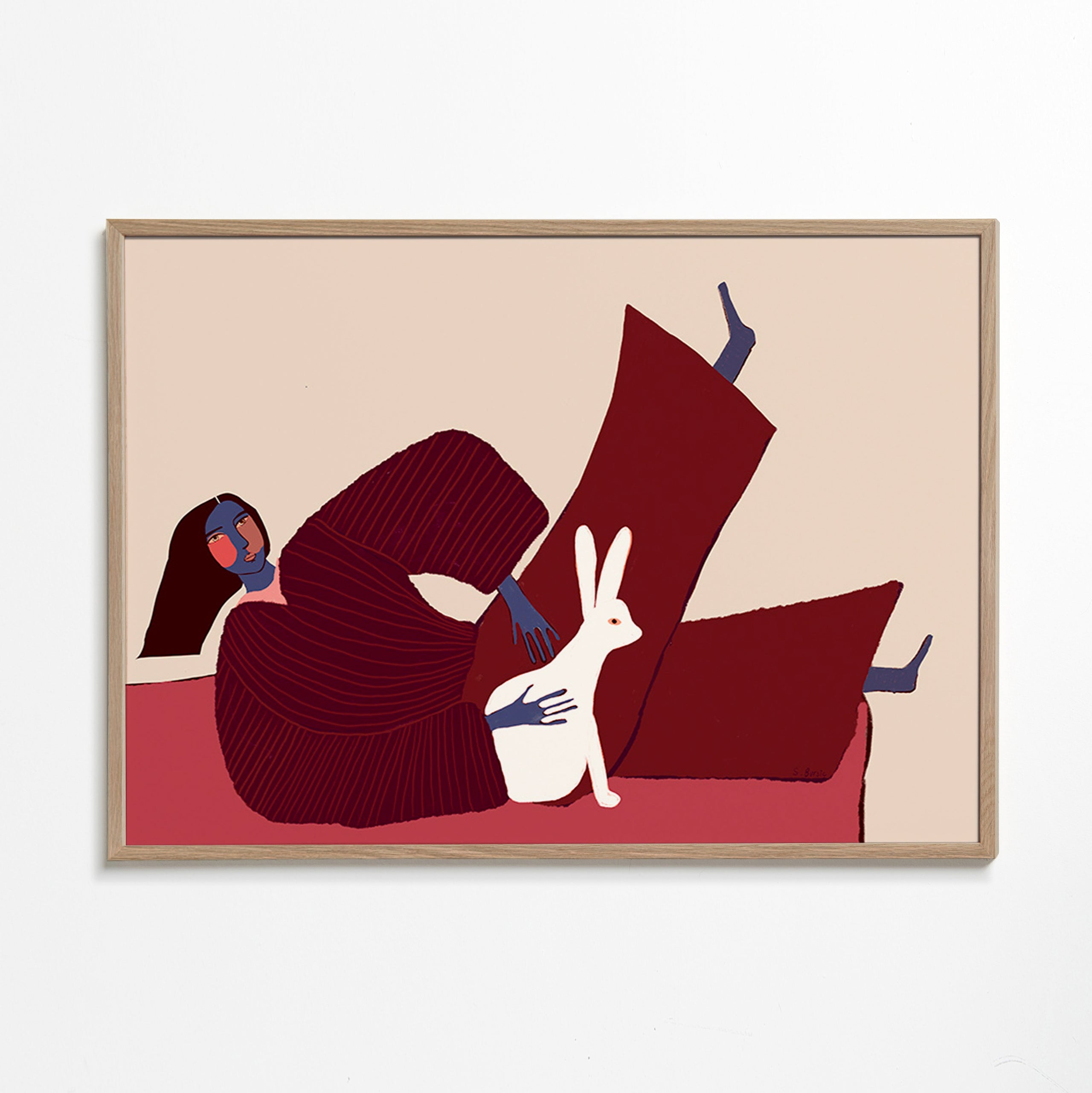 Illustration af liggende figur med kanin – Oak Frame