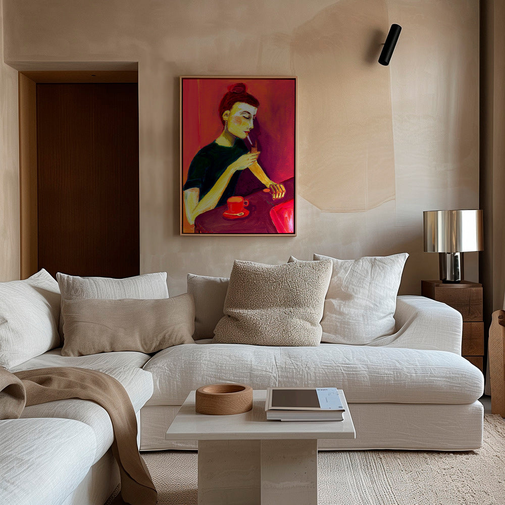 Illustration af kvinde der ryger med rød kop – Canvas1