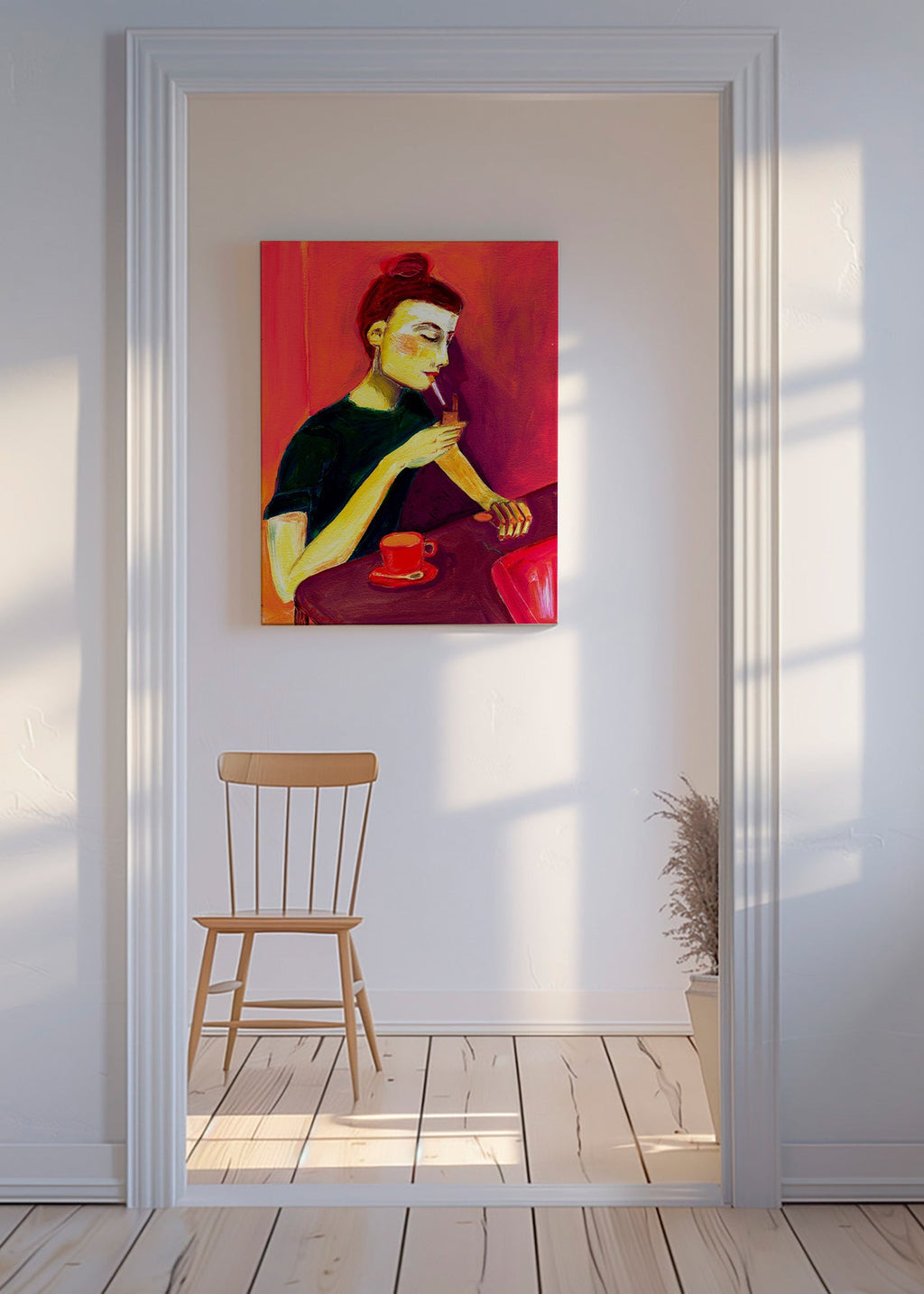 Illustration af kvinde der ryger med rød kop – Canvas