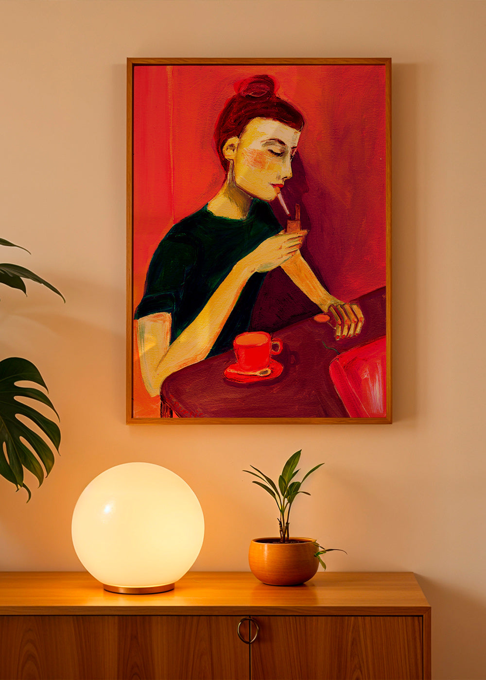 Illustration af kvinde der ryger med rød kop – Product1
