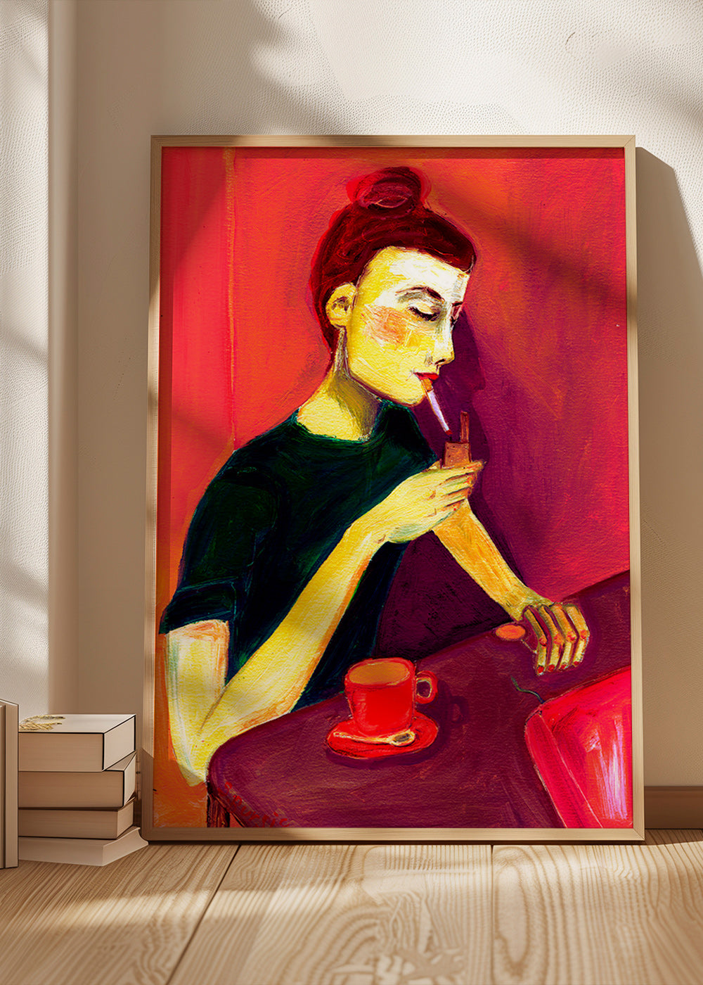 Illustration af kvinde der ryger med rød kop – Product3