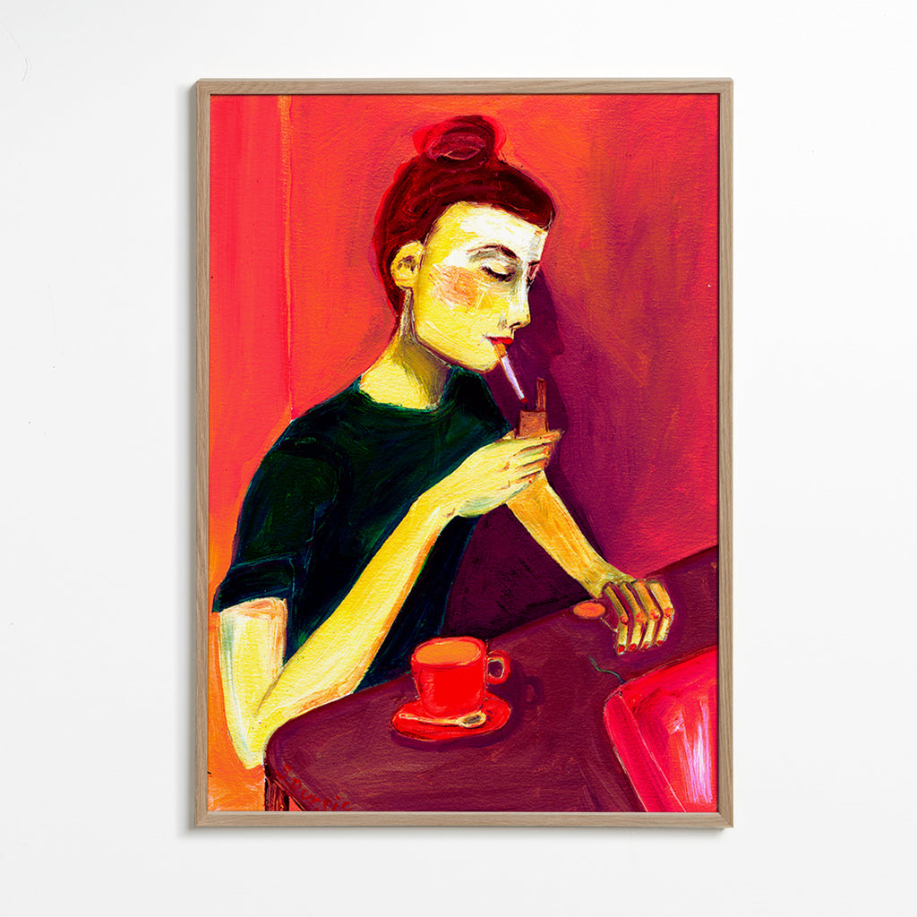 Illustration af kvinde der ryger med rød kop – Oak Frame