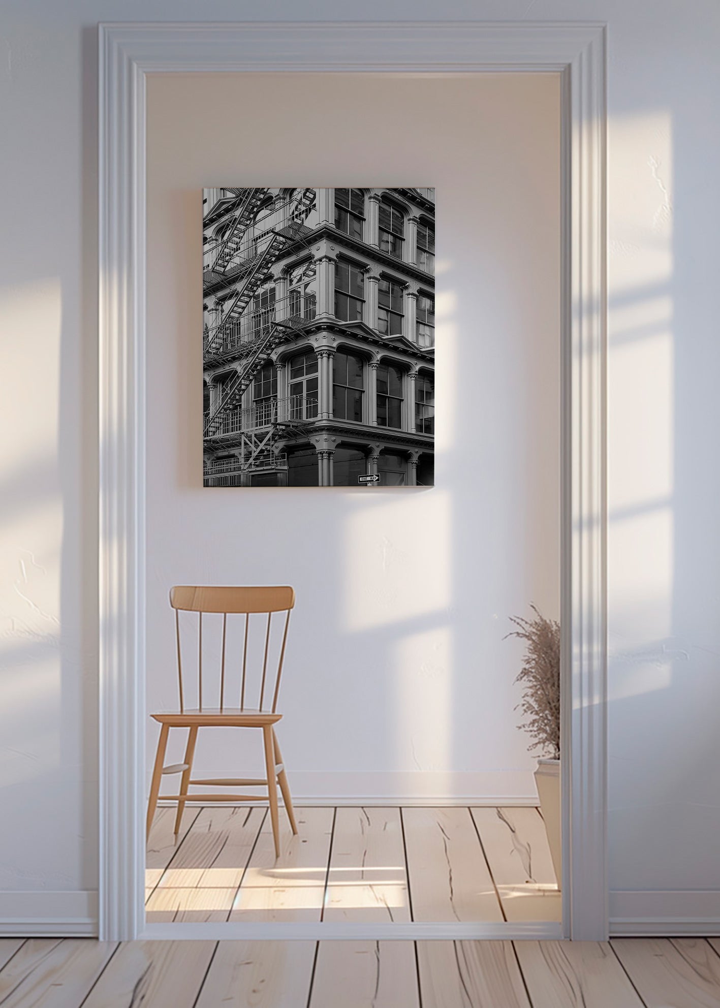 Fotografi af byhjørne med nødtrappe – Canvas