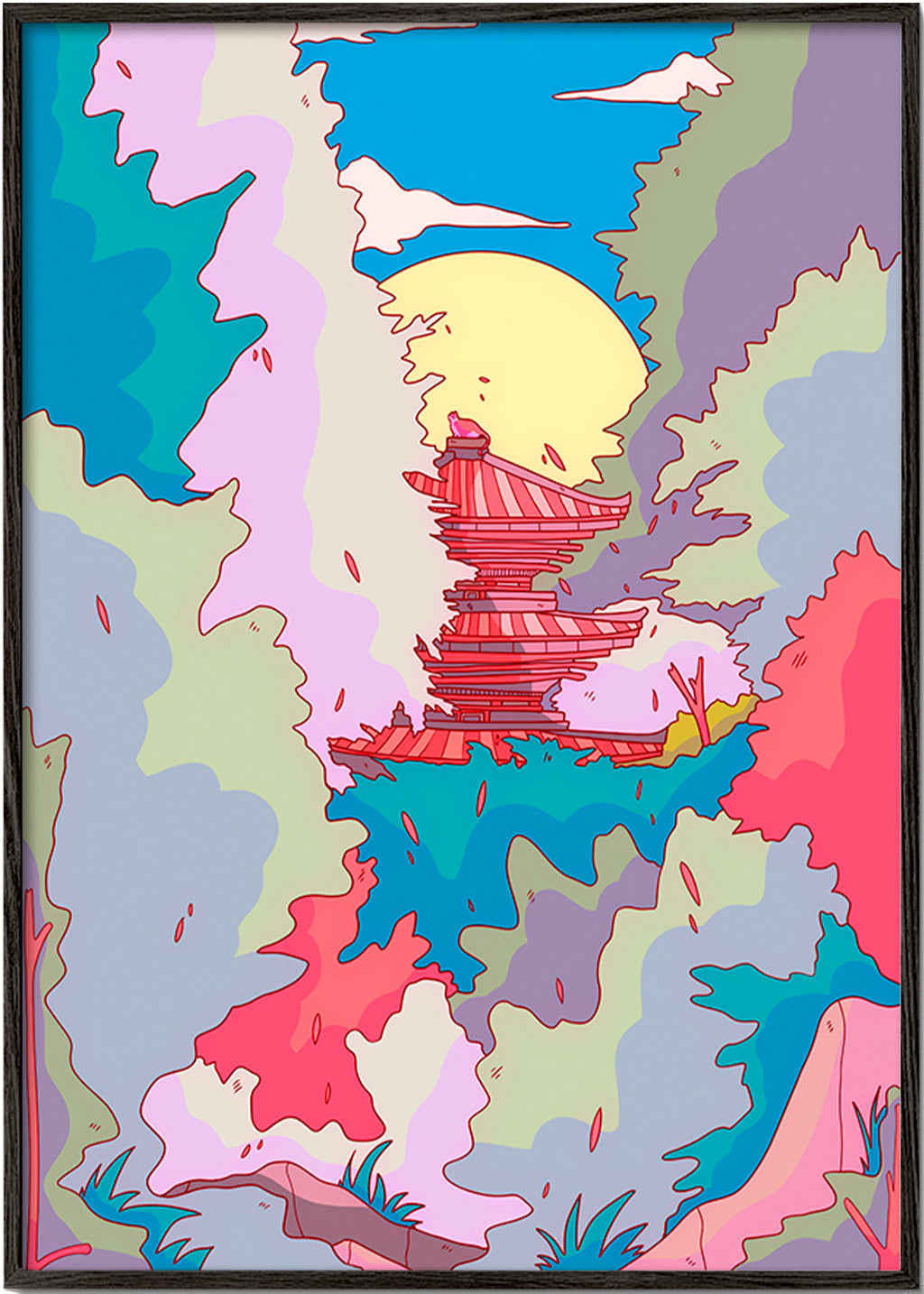 Illustration af japansk tempel i livlige farver – Black Frame
