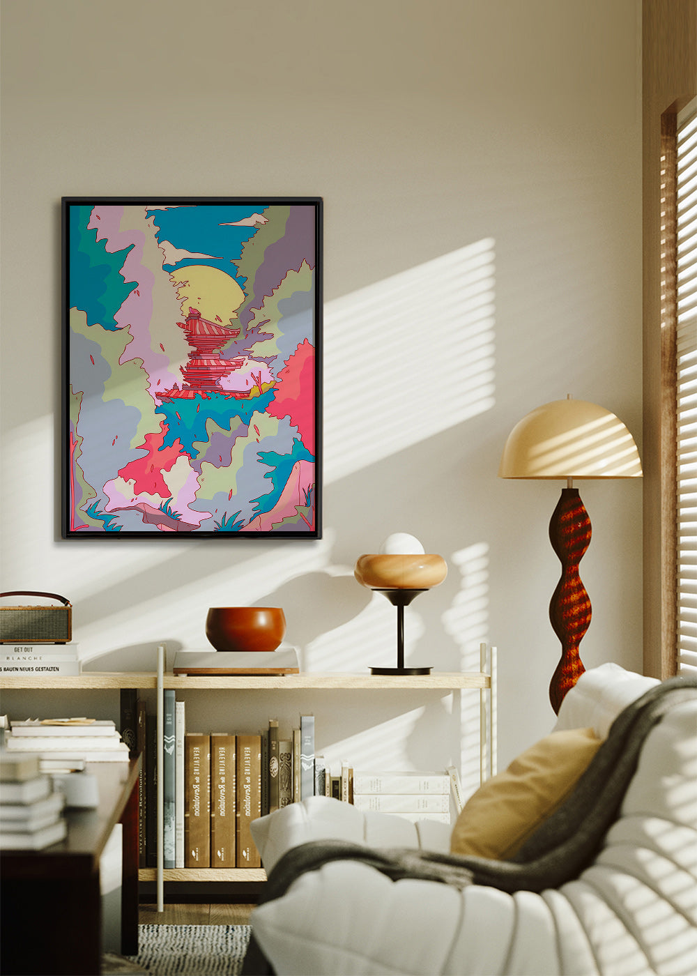 Illustration af japansk tempel i livlige farver – Canvas2
