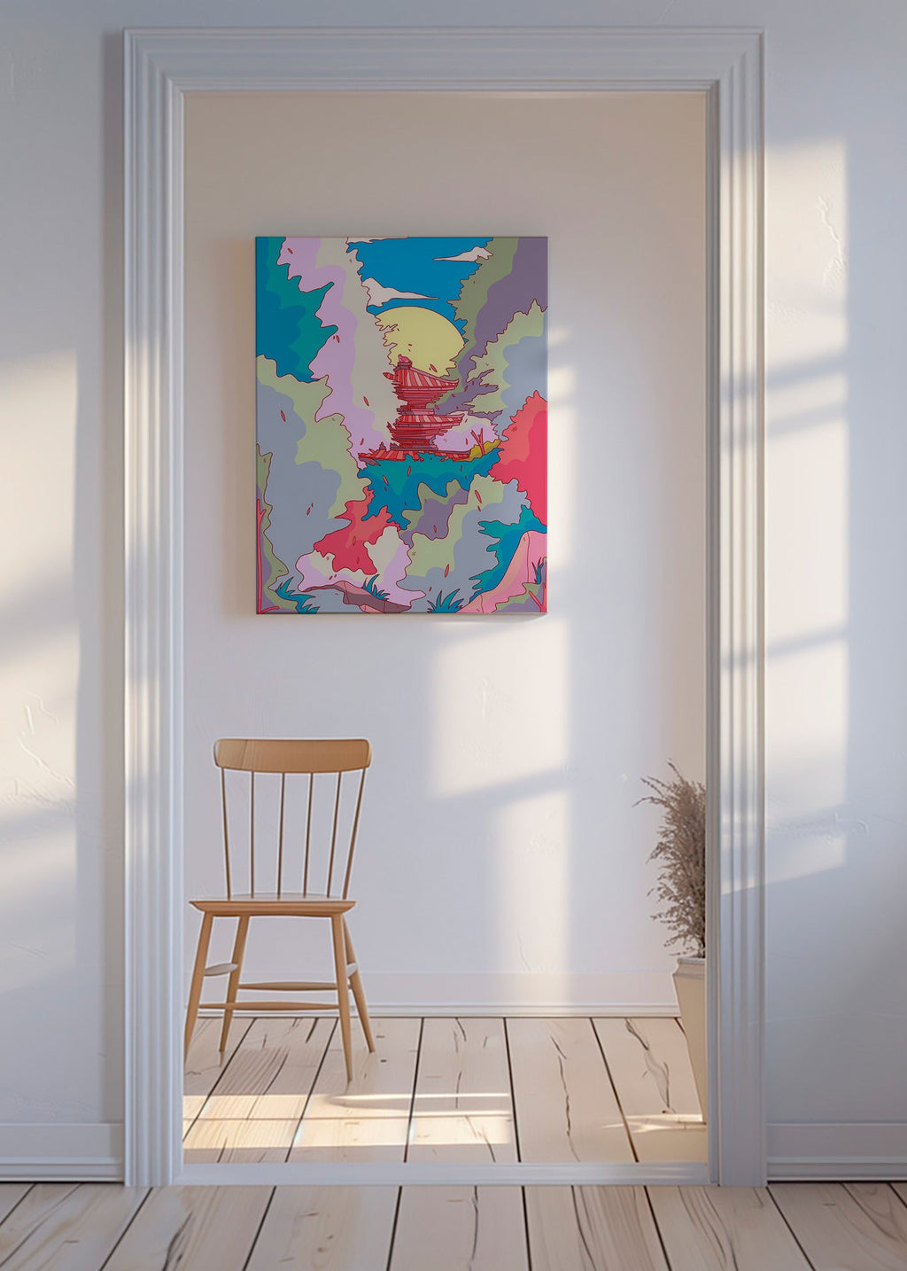 Illustration af japansk tempel i livlige farver – Canvas
