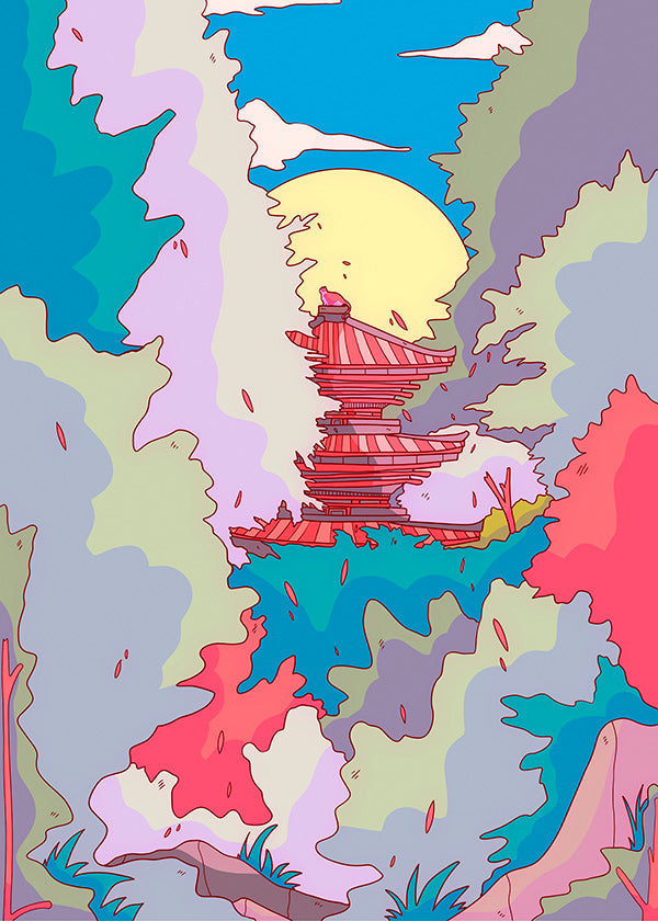 Illustration af japansk tempel i livlige farver