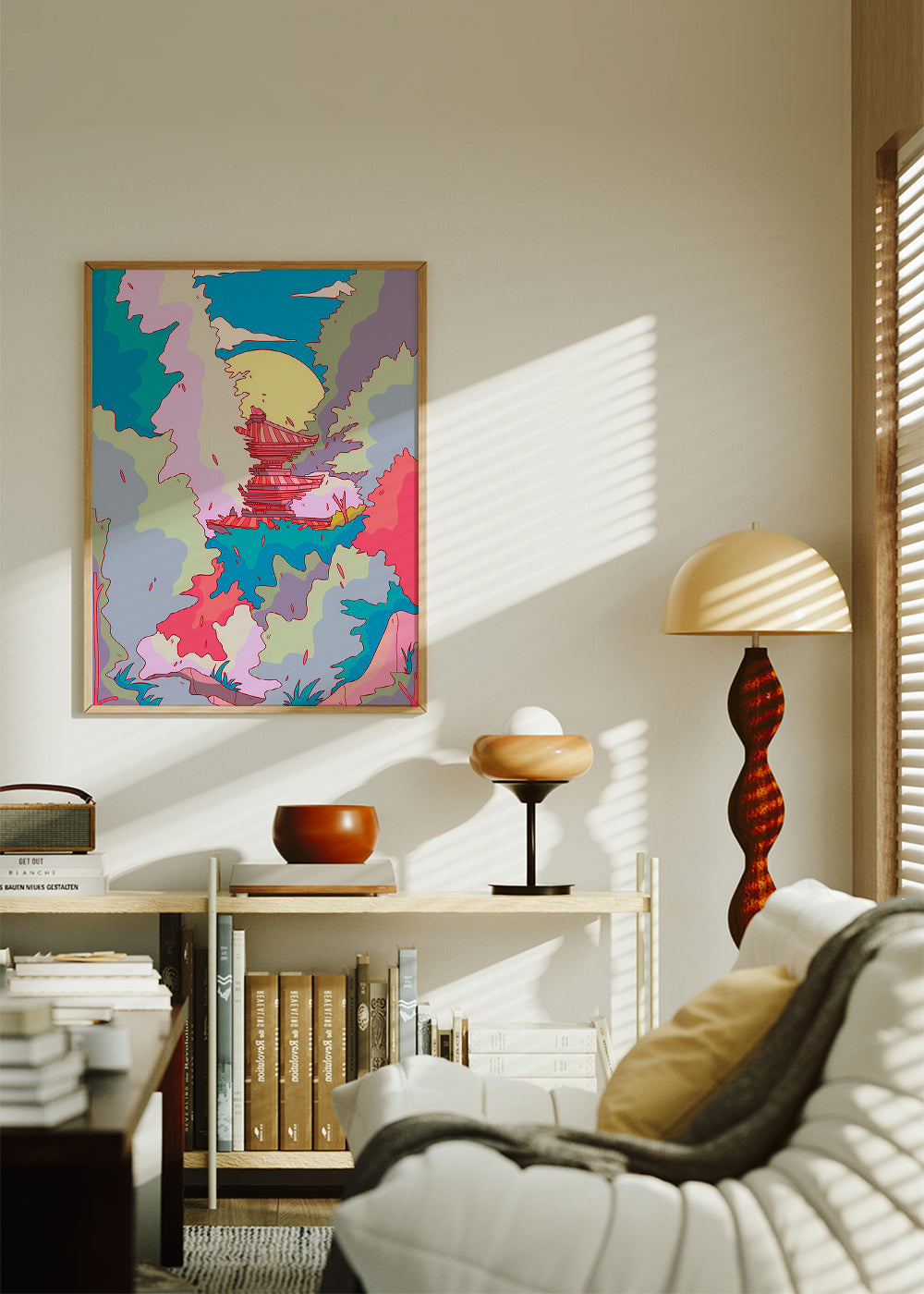 Illustration af japansk tempel i livlige farver – Product1