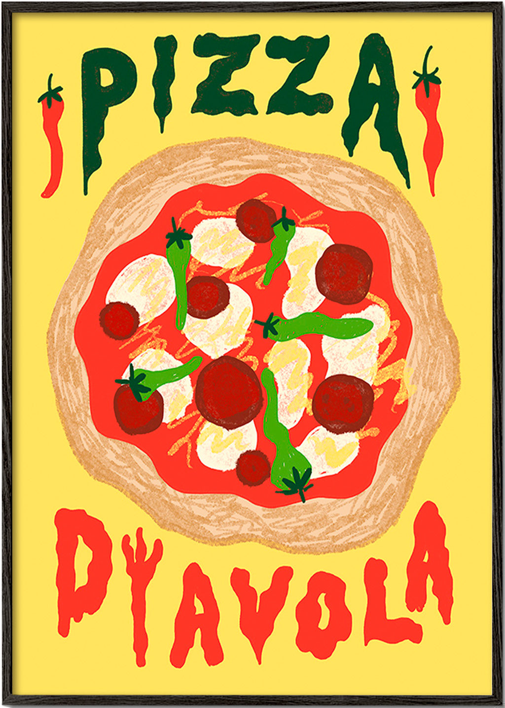 Køkkenkunst: Pizza Diavola illustration – Black Frame