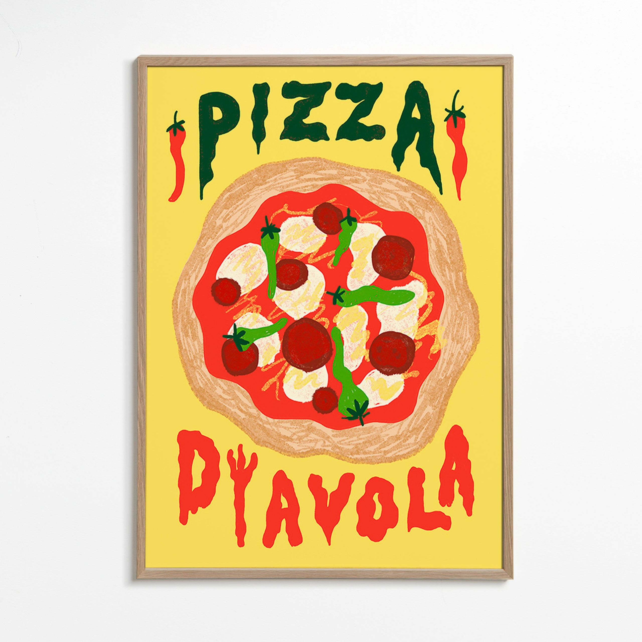 Køkkenkunst: Pizza Diavola illustration – Oak Frame