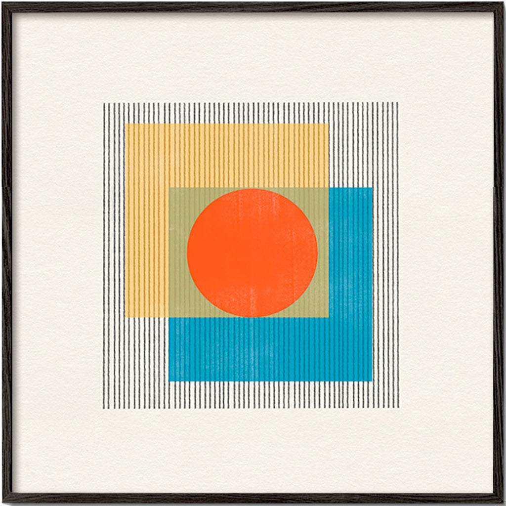 Geometrisk plakat med central cirkel og overlappende firkanter – Black Frame