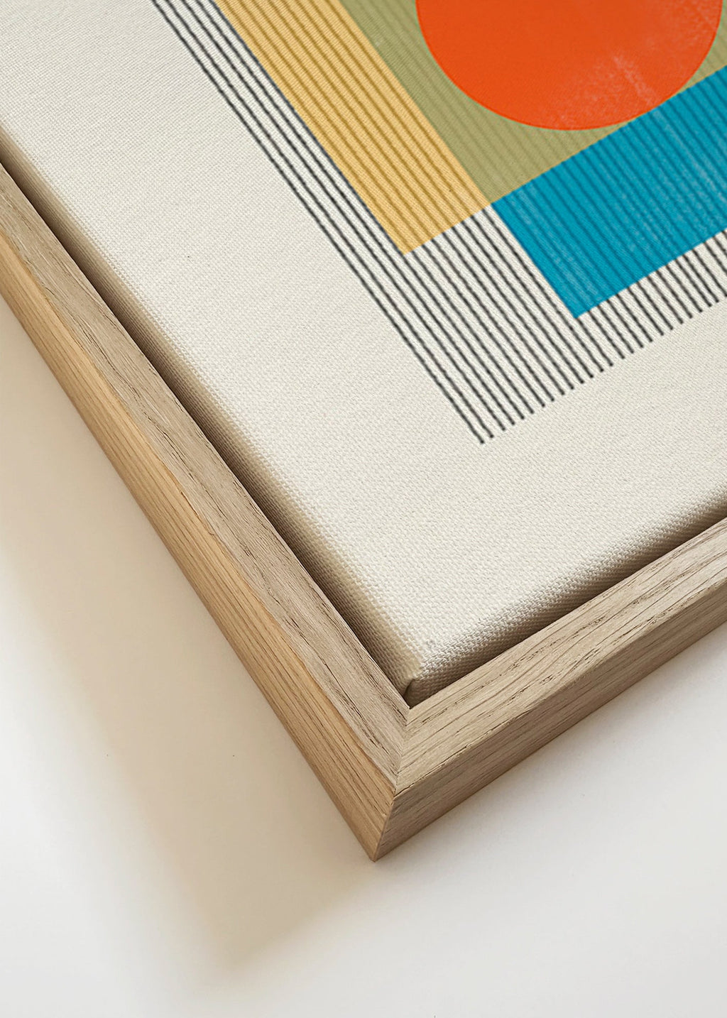 Geometrisk plakat med central cirkel og overlappende firkanter – Canvas detail