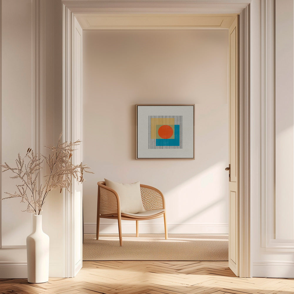 Geometrisk plakat med central cirkel og overlappende firkanter – Canvas1