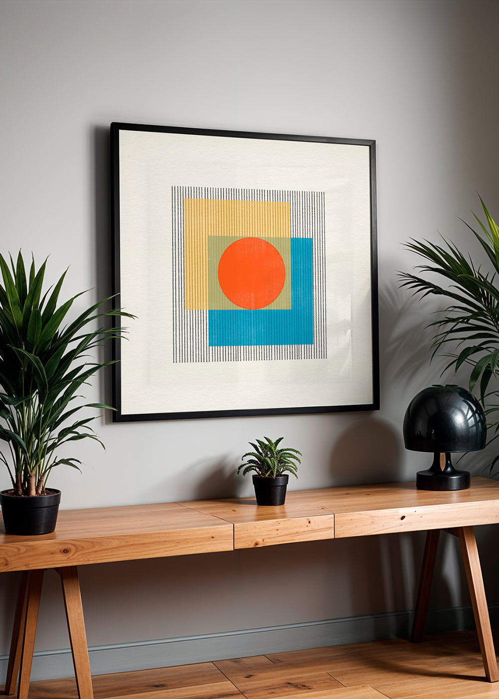 Geometrisk plakat med central cirkel og overlappende firkanter – Product1