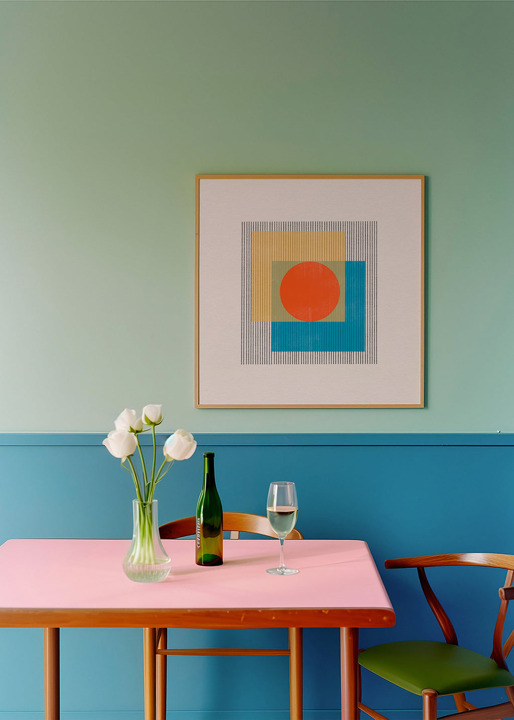 Geometrisk plakat med central cirkel og overlappende firkanter – Product2