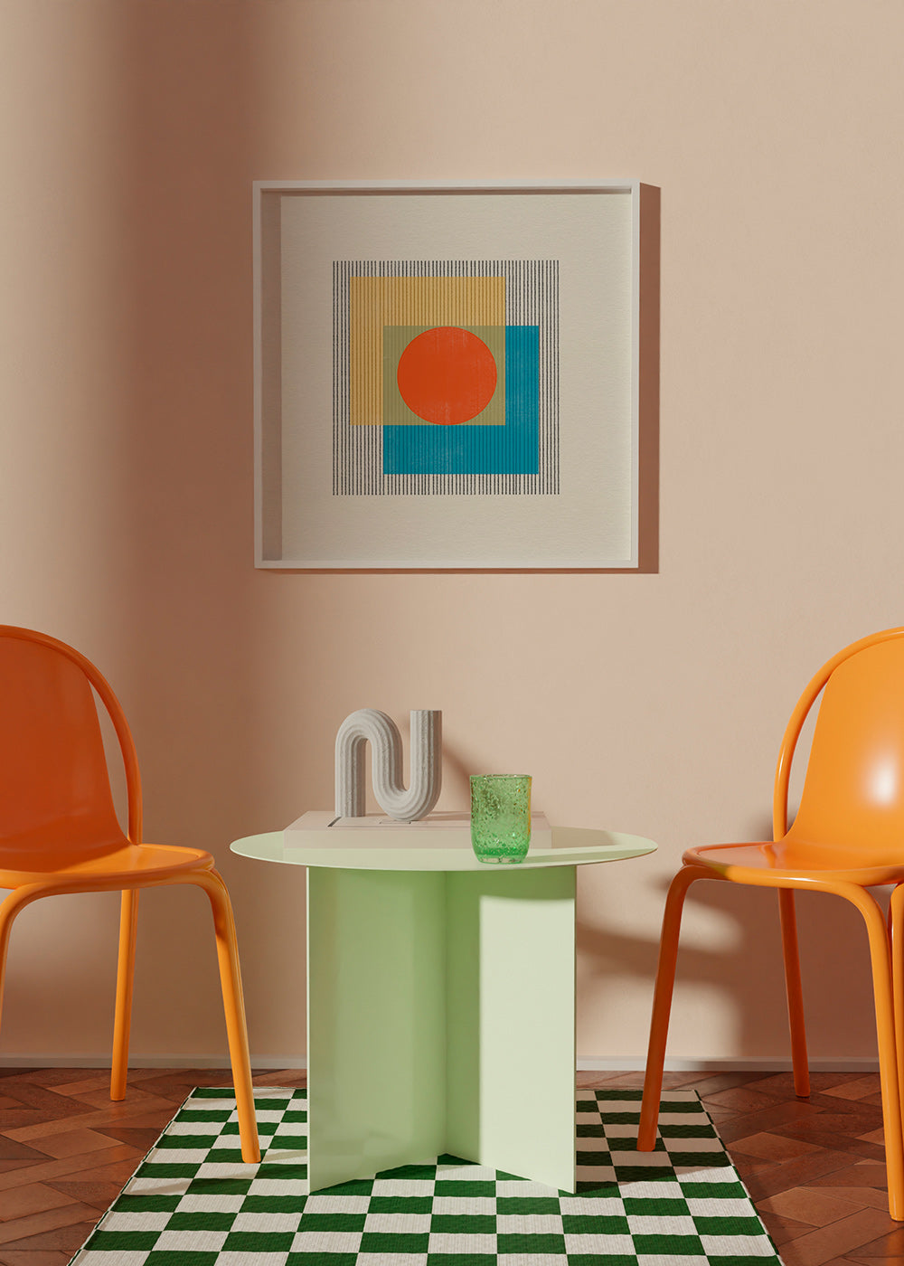 Geometrisk plakat med central cirkel og overlappende firkanter – Product3