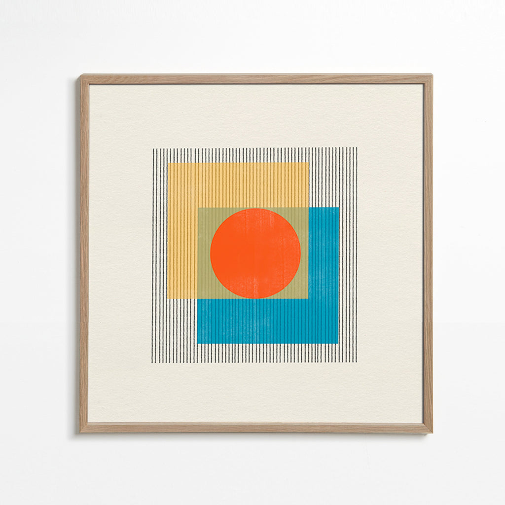 Geometrisk plakat med central cirkel og overlappende firkanter – Oak Frame
