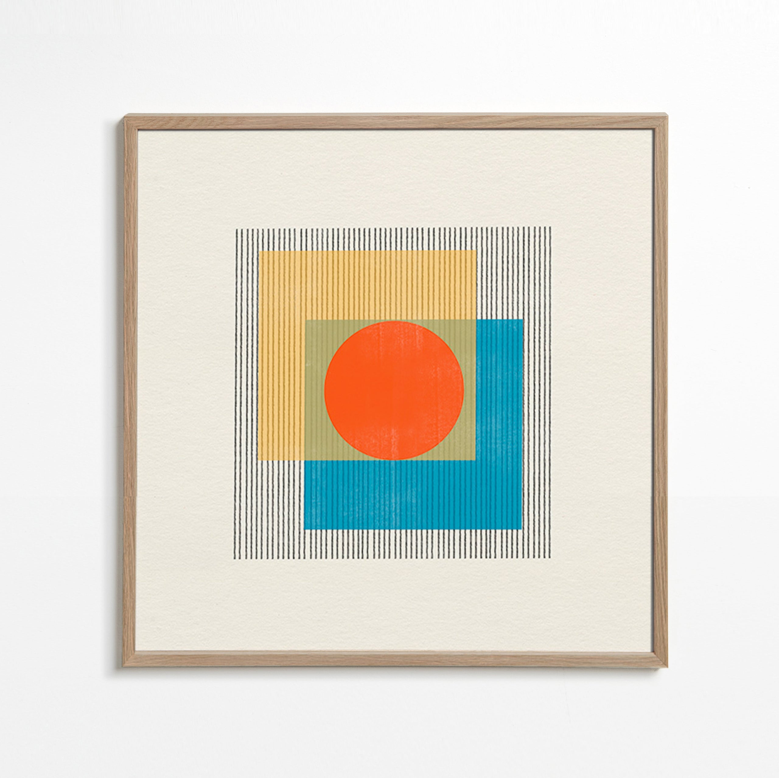 Geometrisk plakat med central cirkel og overlappende firkanter – Oak Frame