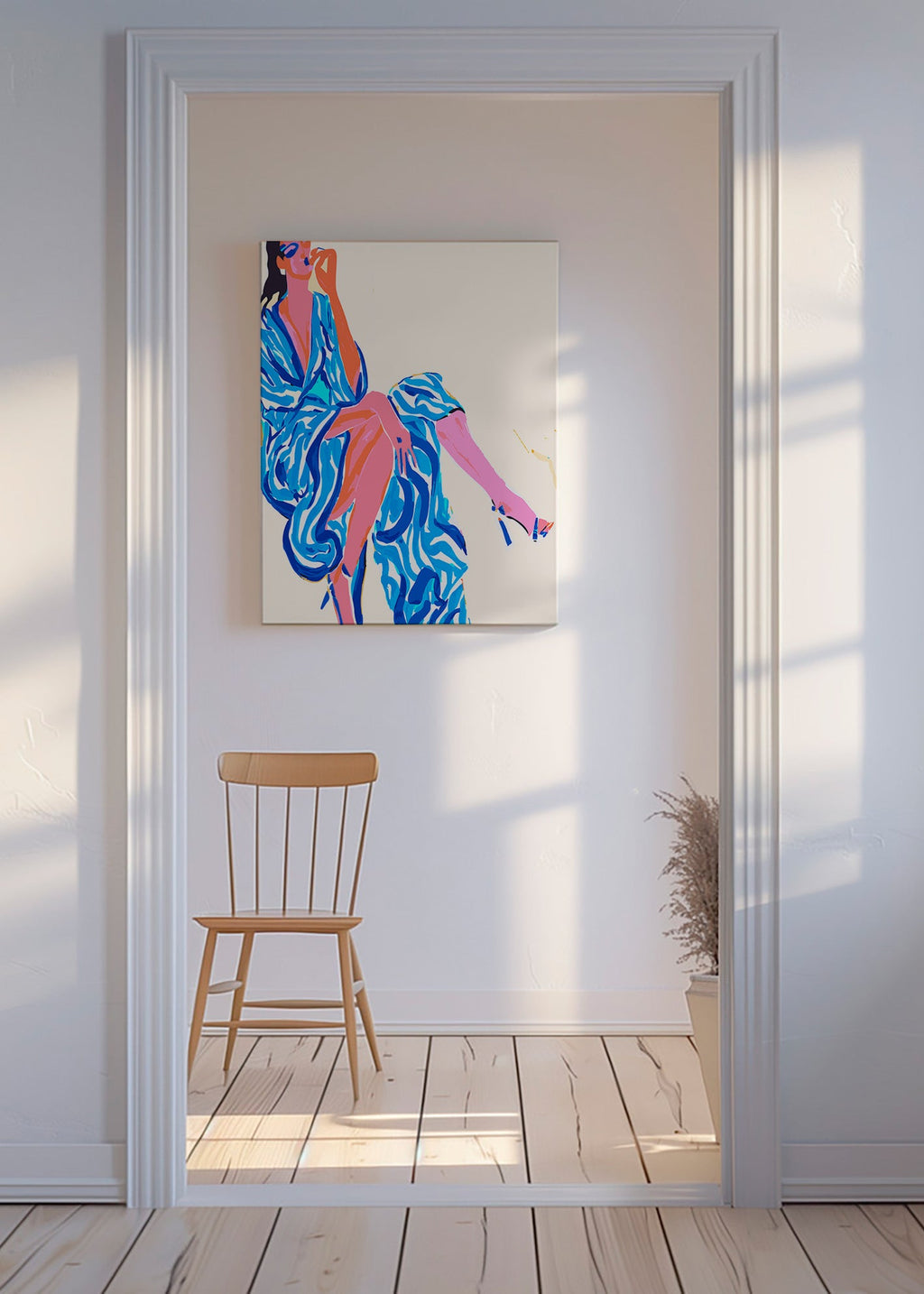 Illustration af kvinde i mønstret badekåbe – Canvas