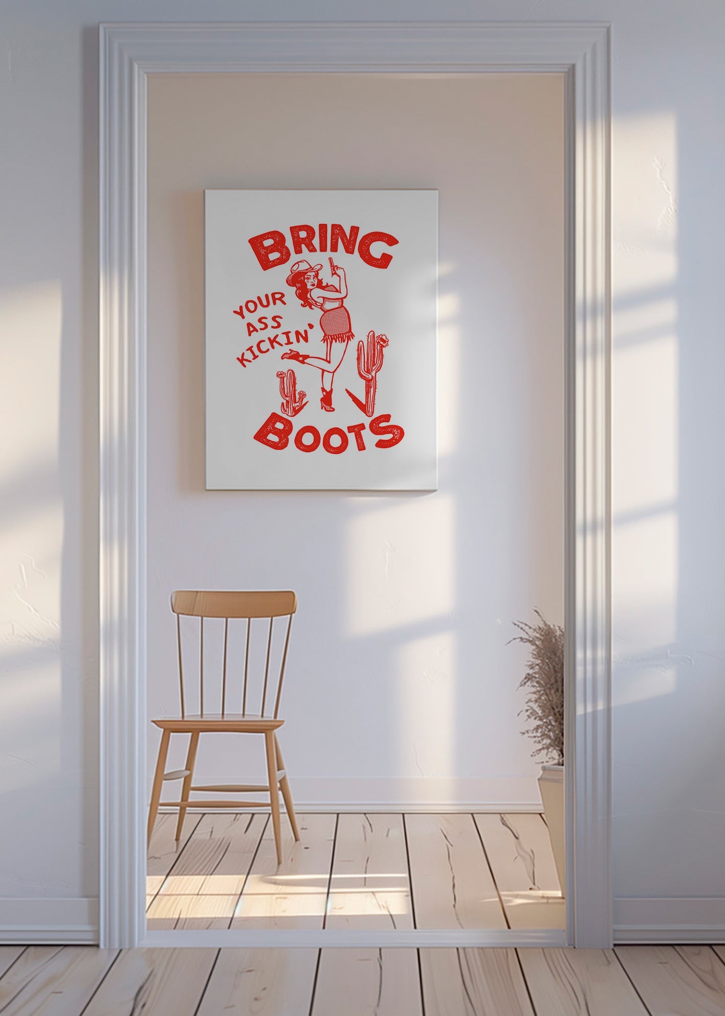 Cowgirl-illustration med sjov tekst – Canvas