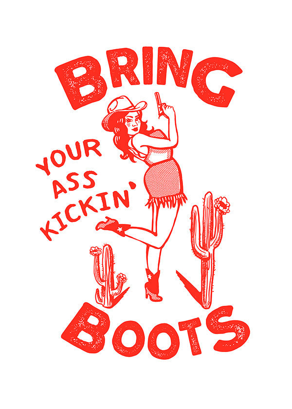 Cowgirl-illustration med sjov tekst