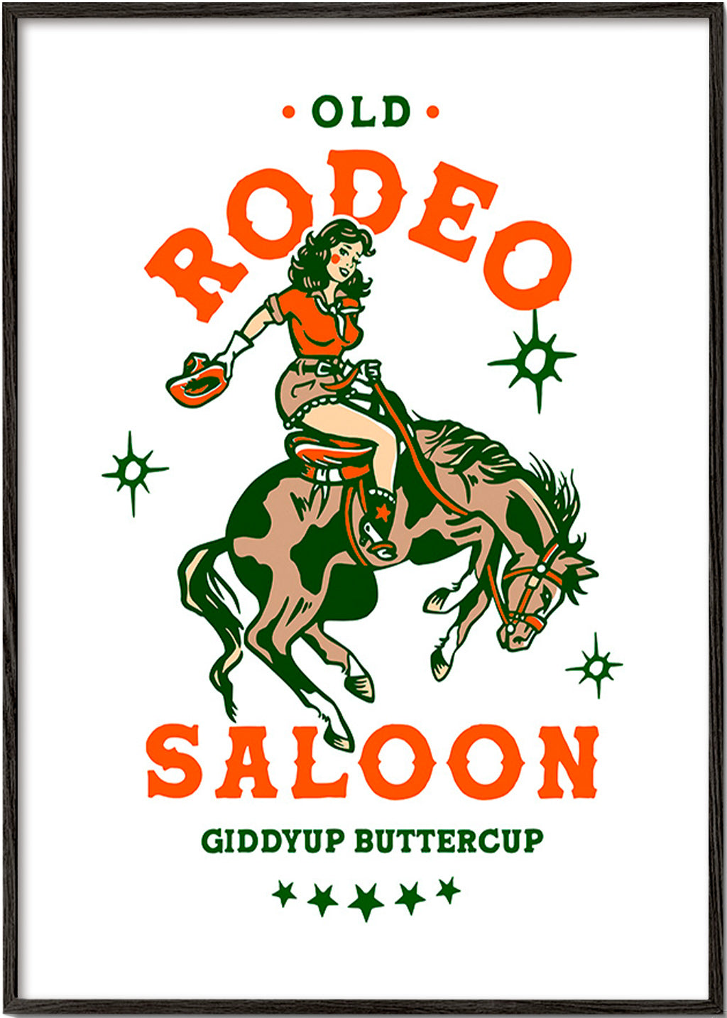 Vintage rodeo plakat med illustreret cowgirl – Black Frame