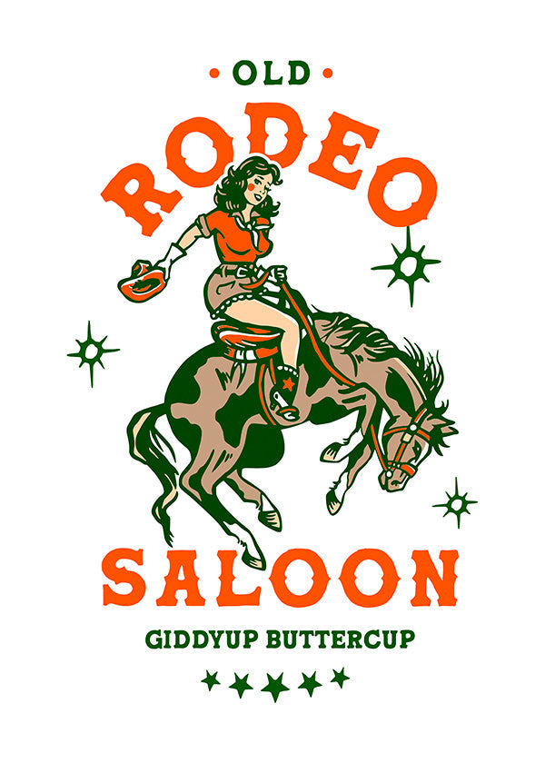 Vintage rodeo plakat med illustreret cowgirl