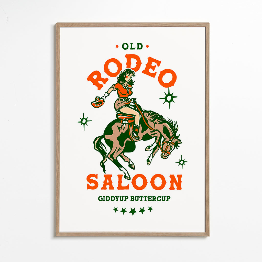 Vintage rodeo plakat med illustreret cowgirl – Oak Frame
