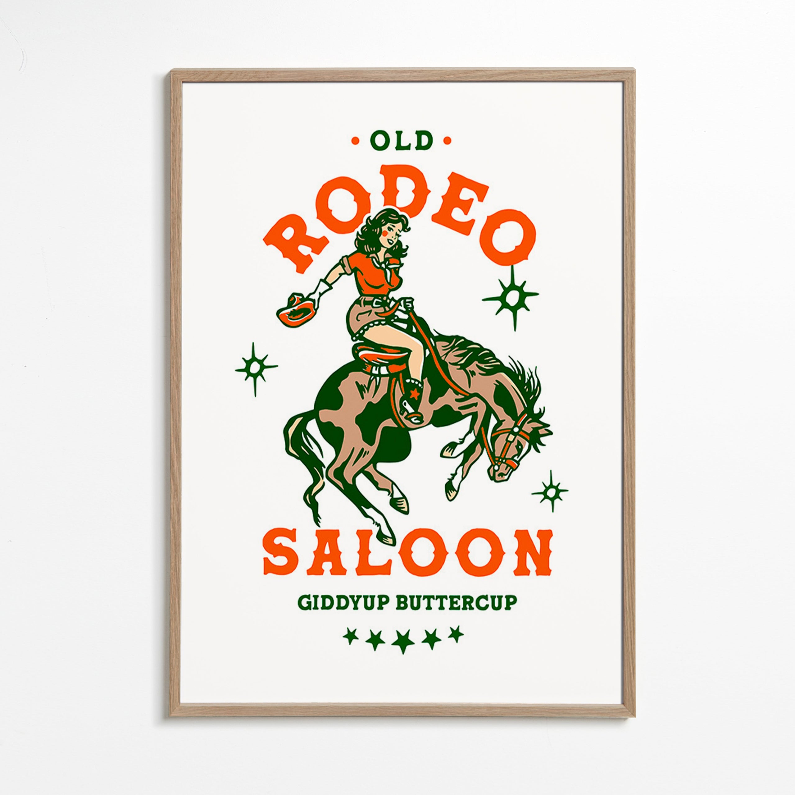 Vintage rodeo plakat med illustreret cowgirl – Oak Frame