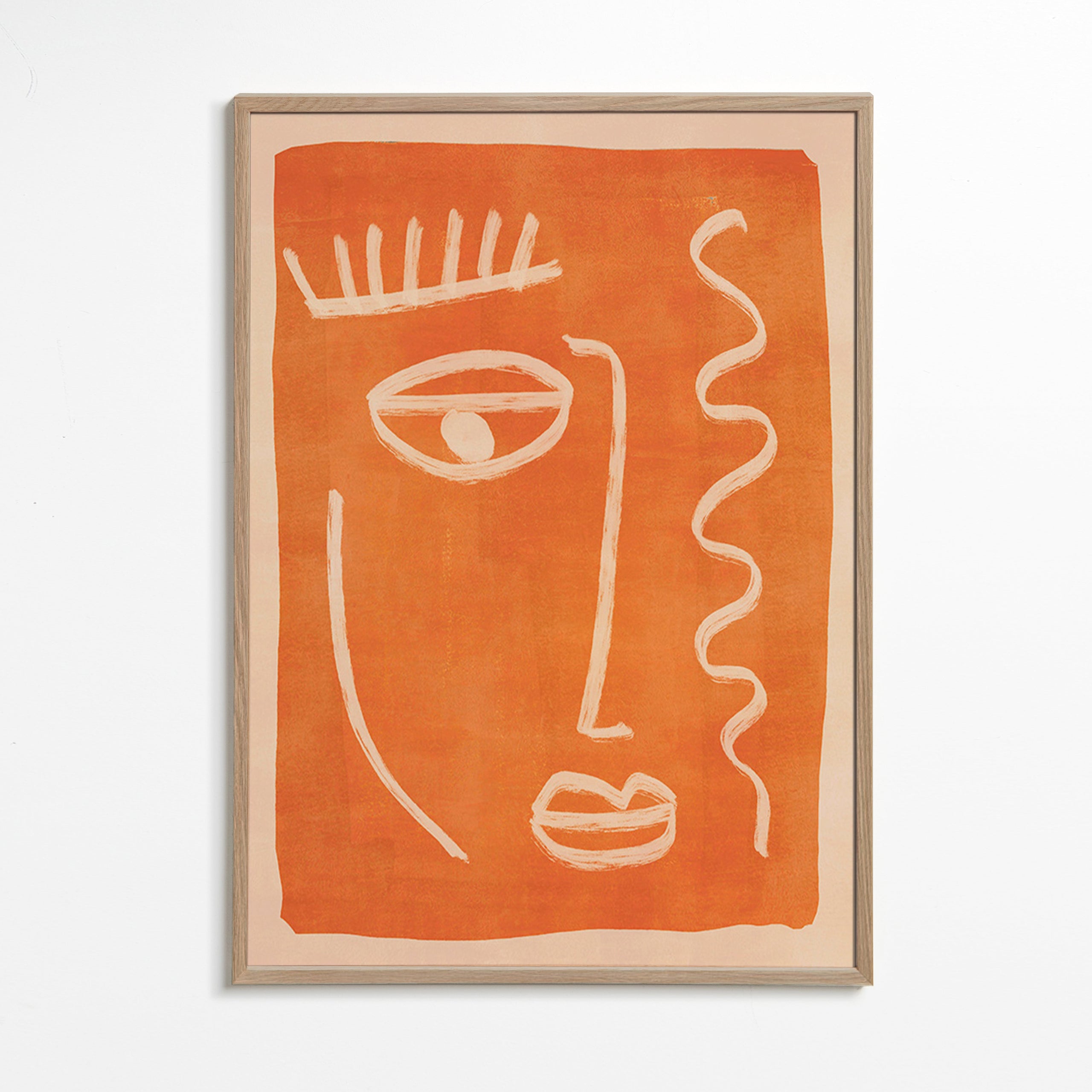 Abstrakt maleri lineært ansigt orange – Oak Frame