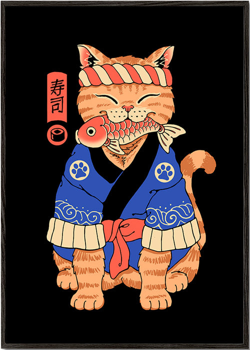 Kunst: Japansk katteillustration med fisk – Black Frame