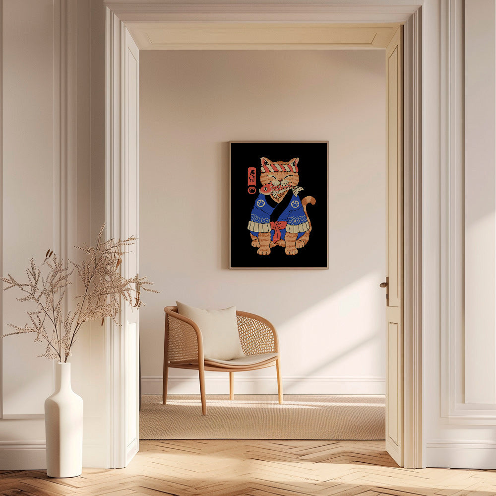 Kunst: Japansk katteillustration med fisk – Canvas2