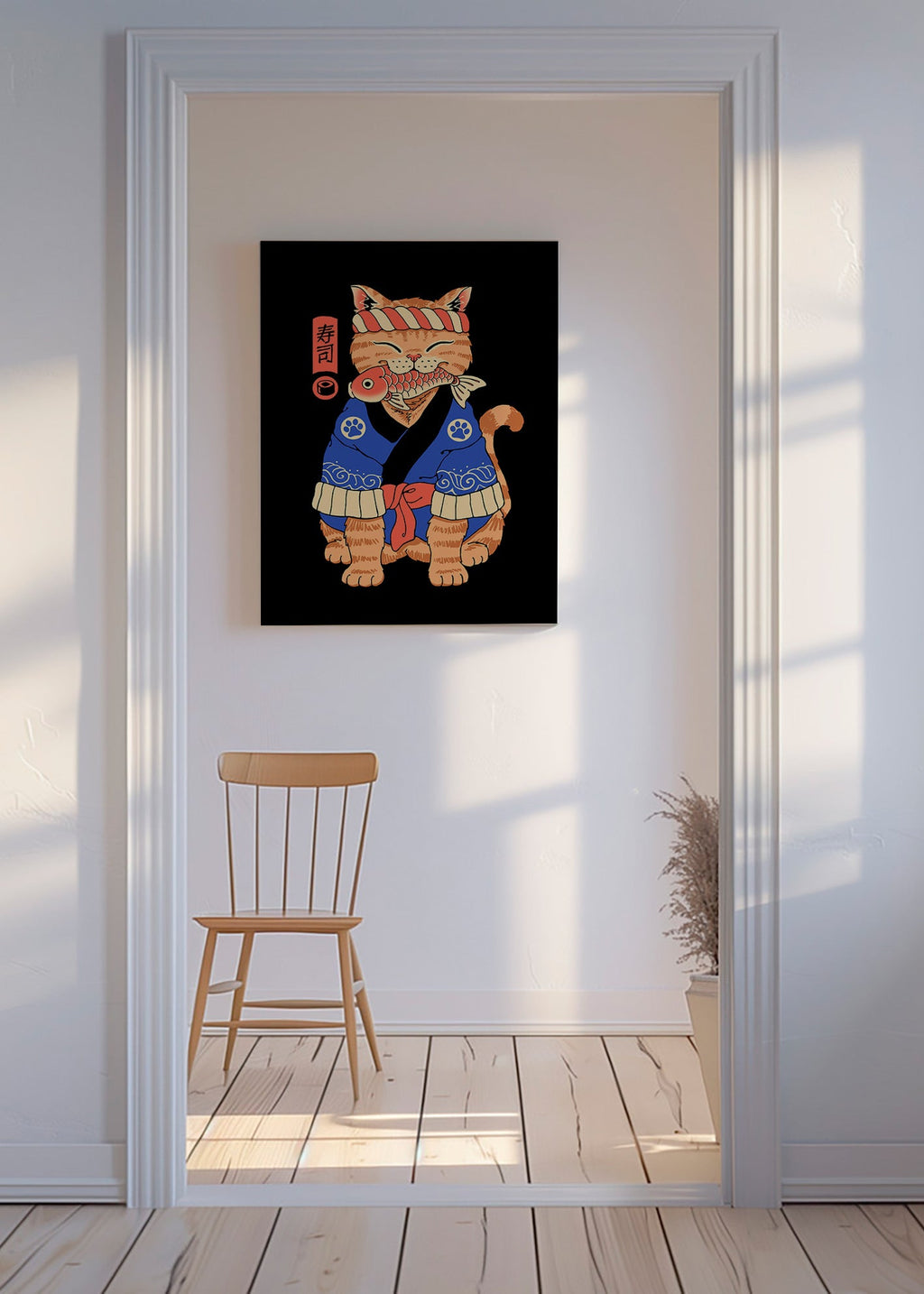 Kunst: Japansk katteillustration med fisk – Canvas