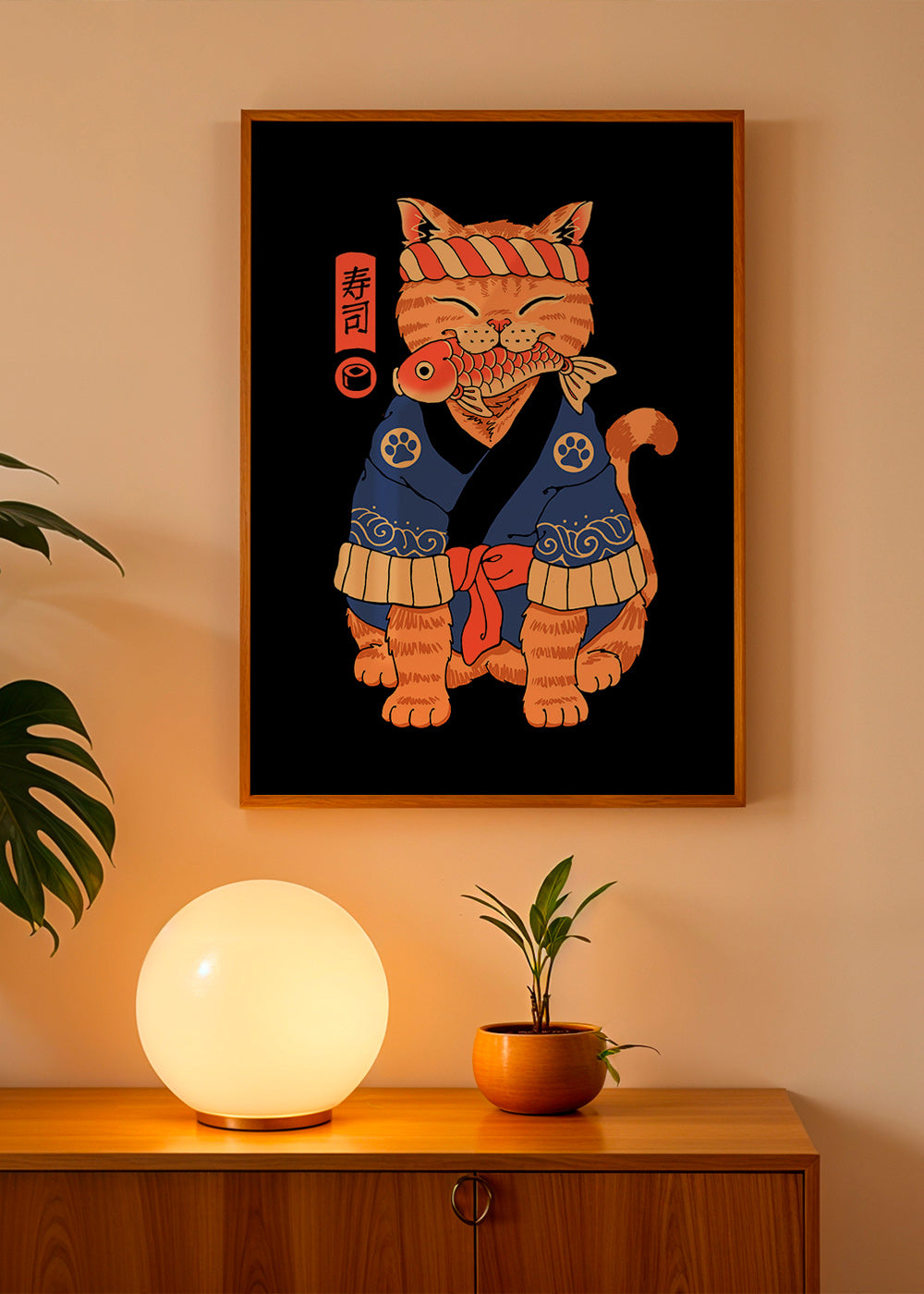 Kunst: Japansk katteillustration med fisk – Product1