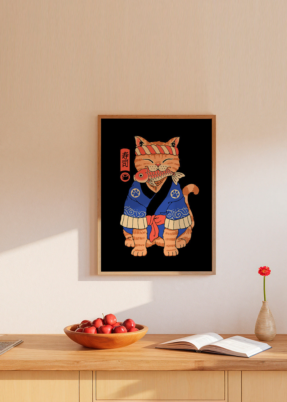 Kunst: Japansk katteillustration med fisk – Product2