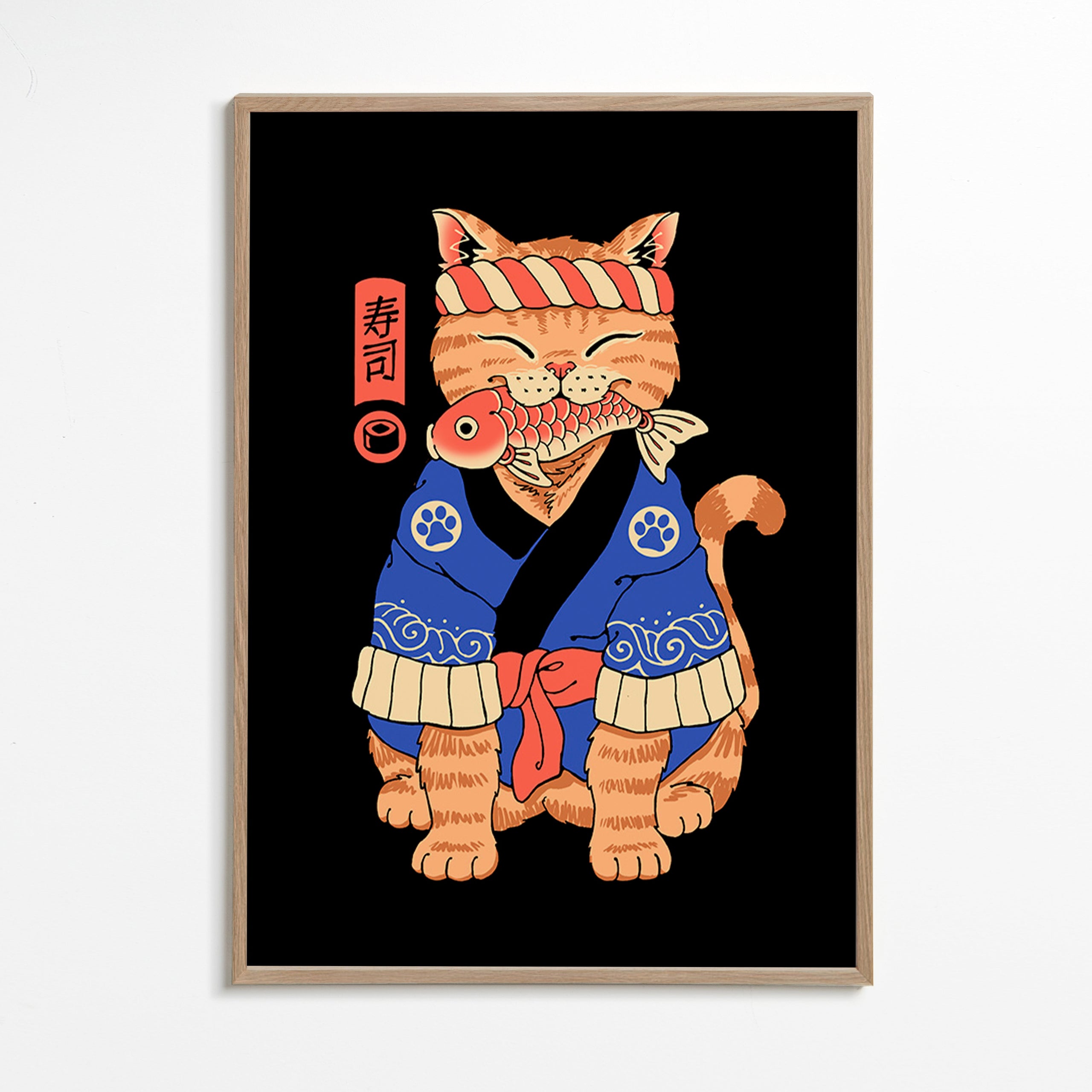 Kunst: Japansk katteillustration med fisk – Oak Frame