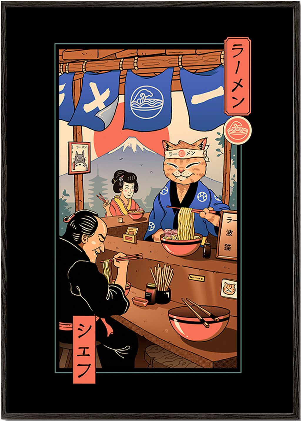 Køkkenkunst Ramen Meowster, illustreret ramen-kat – Black Frame