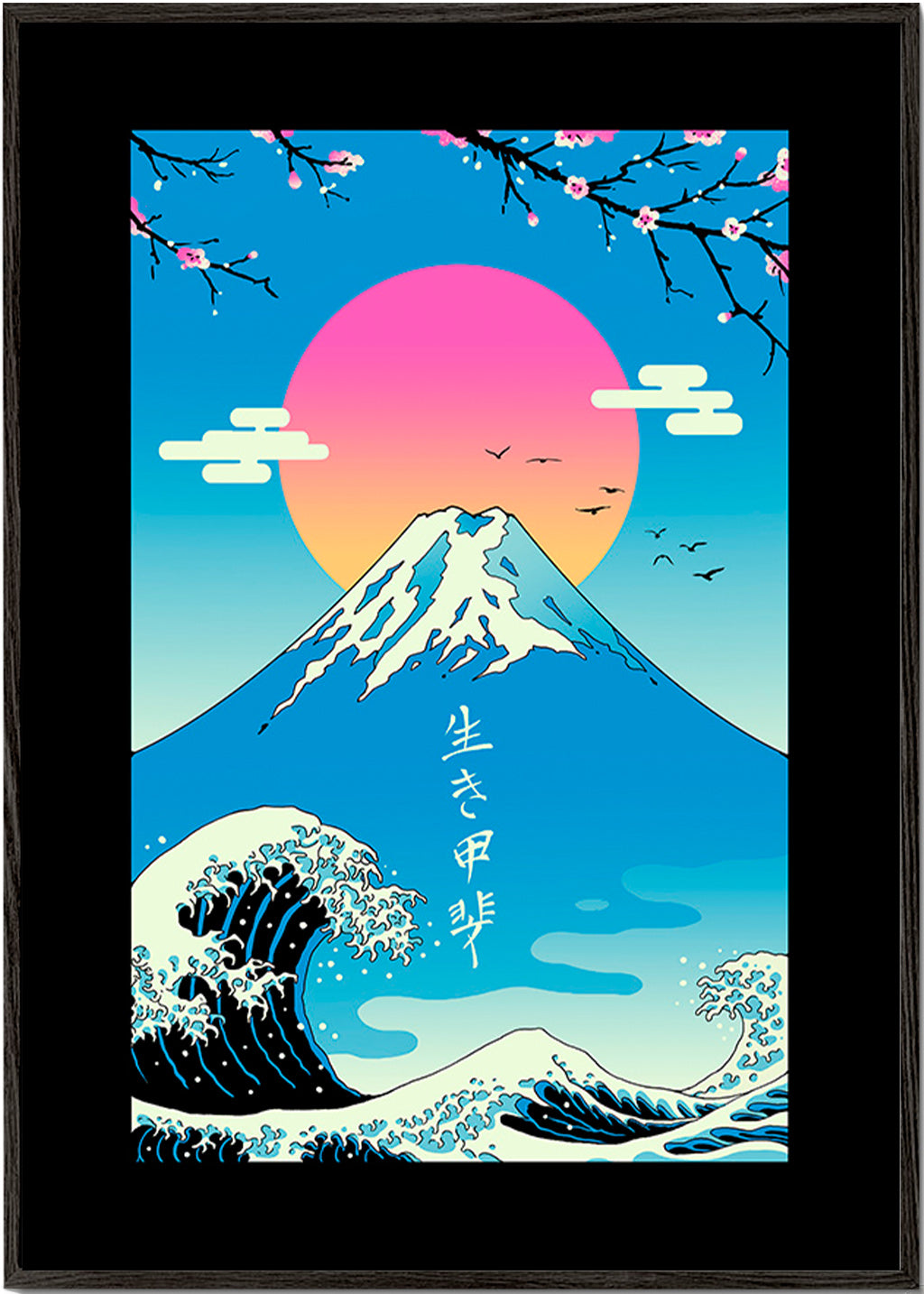Japansk illustration af Mount Fuji med ikonisk bølge – Black Frame