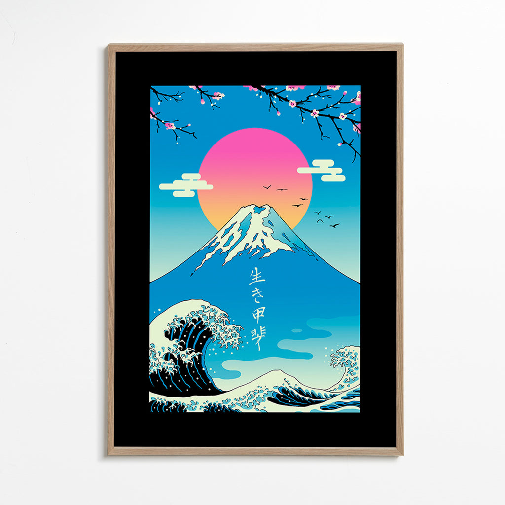 Japansk illustration af Mount Fuji med ikonisk bølge – Oak Frame
