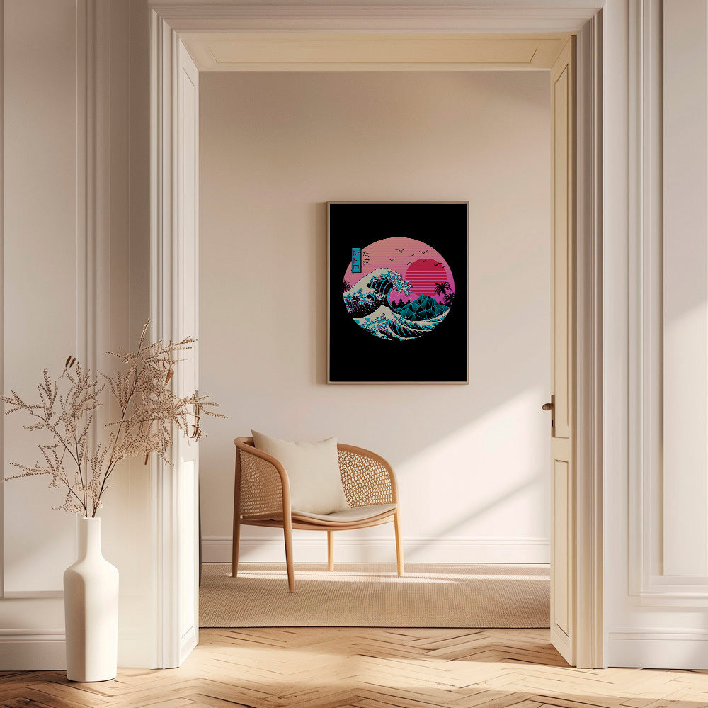 Retro bølgeillustration med pink sol – Canvas1