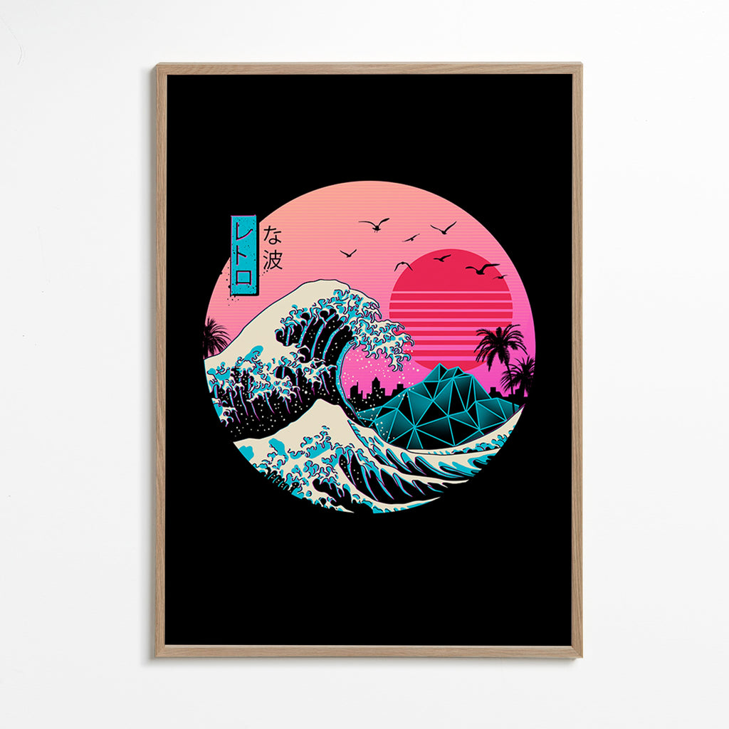 Retro bølgeillustration med pink sol – Oak Frame
