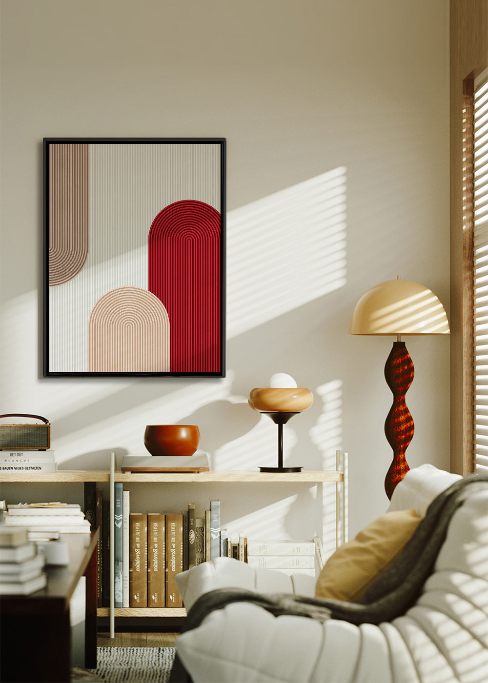 Geometrisk plakat med røde og beige buer – Canvas2