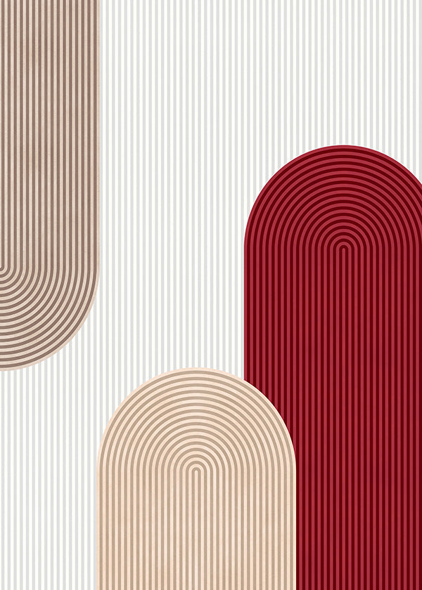 Geometrisk plakat med røde og beige buer