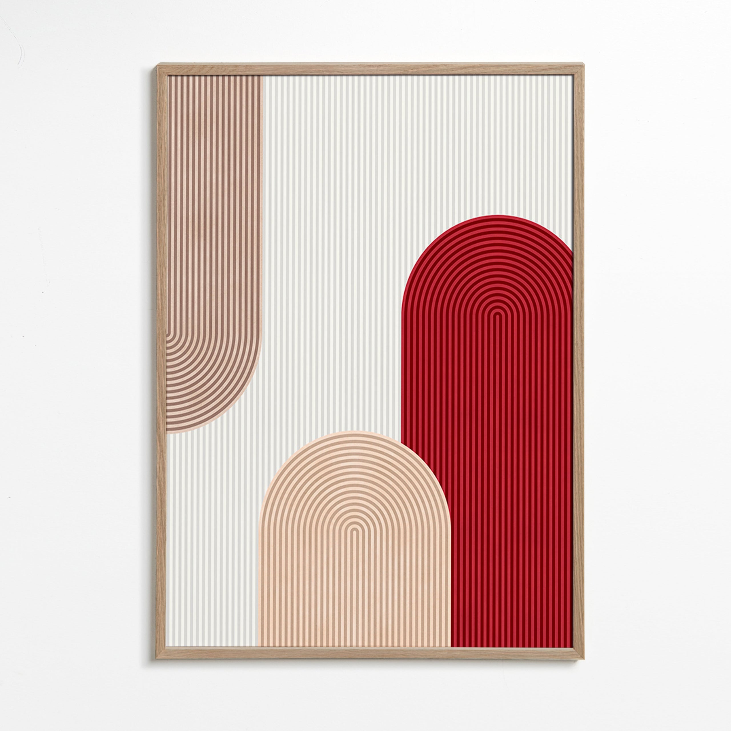 Geometrisk plakat med røde og beige buer – Oak Frame